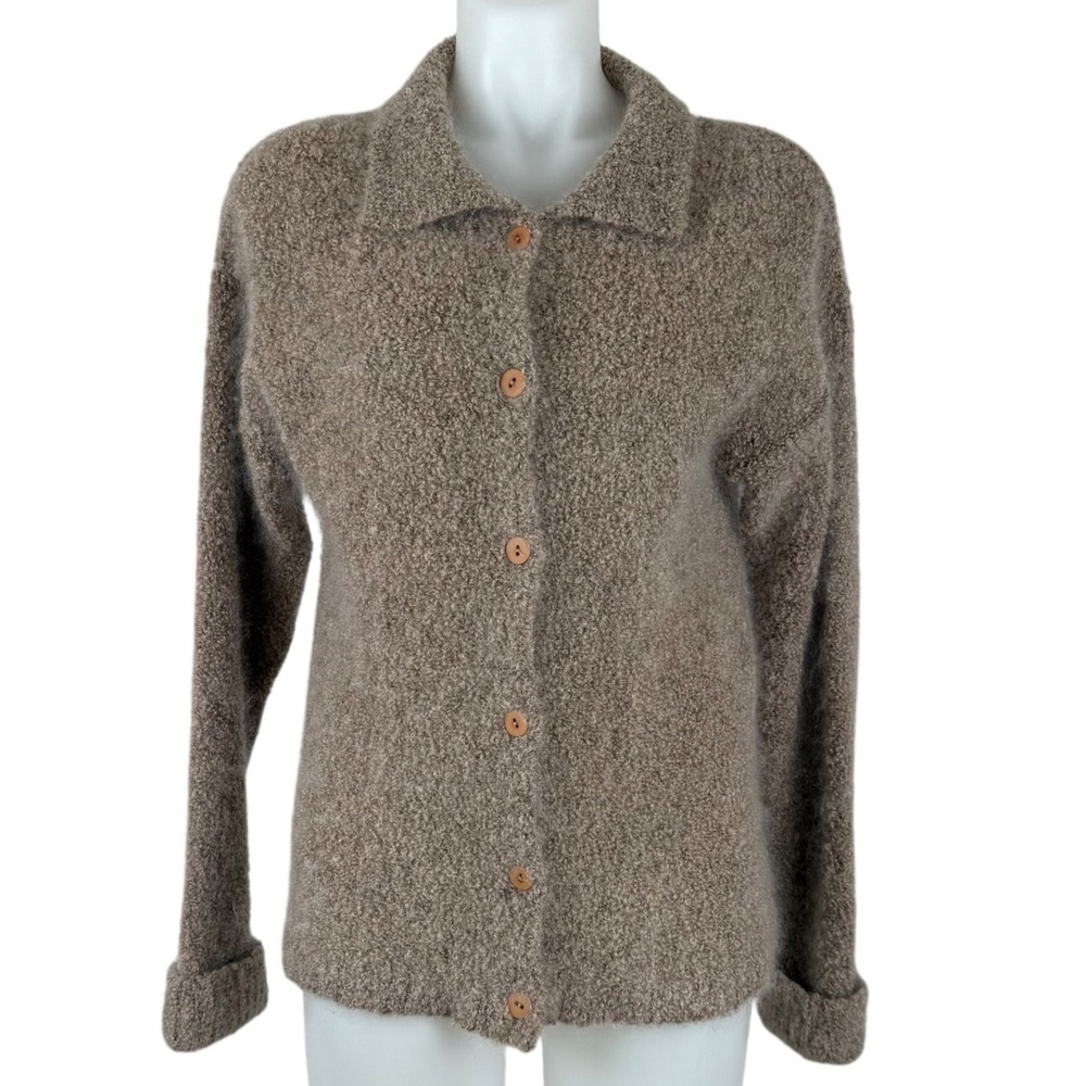 Laura Ashley Merino Wool Kid Mohair Boucle Cardigan Sweater Brown Medium UK Made